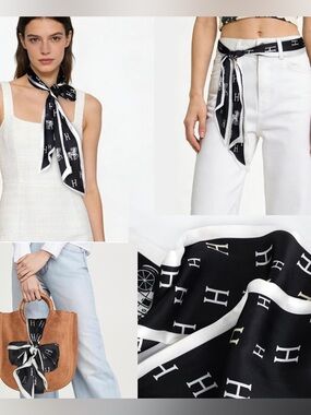 Satin Black and White Logo Scarf | Elegant Printed Neck Hair Bag Tie Accessory